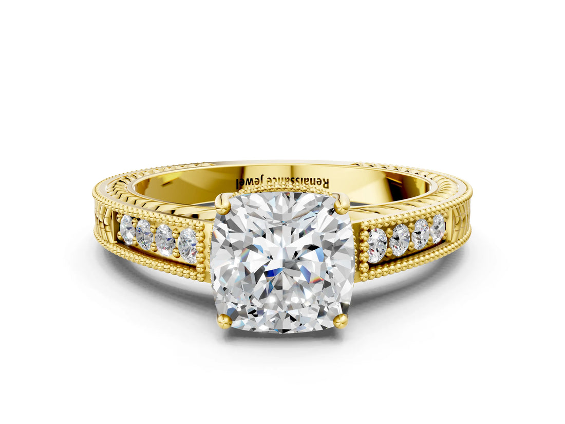 Yellow gold Cushion Cut Cut Diamond Milgrain Pave Band Four-Prong Setting Ring_3