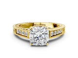 Yellow gold Cushion Cut Cut Diamond Milgrain Pave Band Four-Prong Setting Ring_3