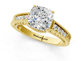 Yellow gold Cushion Cut Cut Diamond Milgrain Pave Band Four-Prong Setting Ring_4
