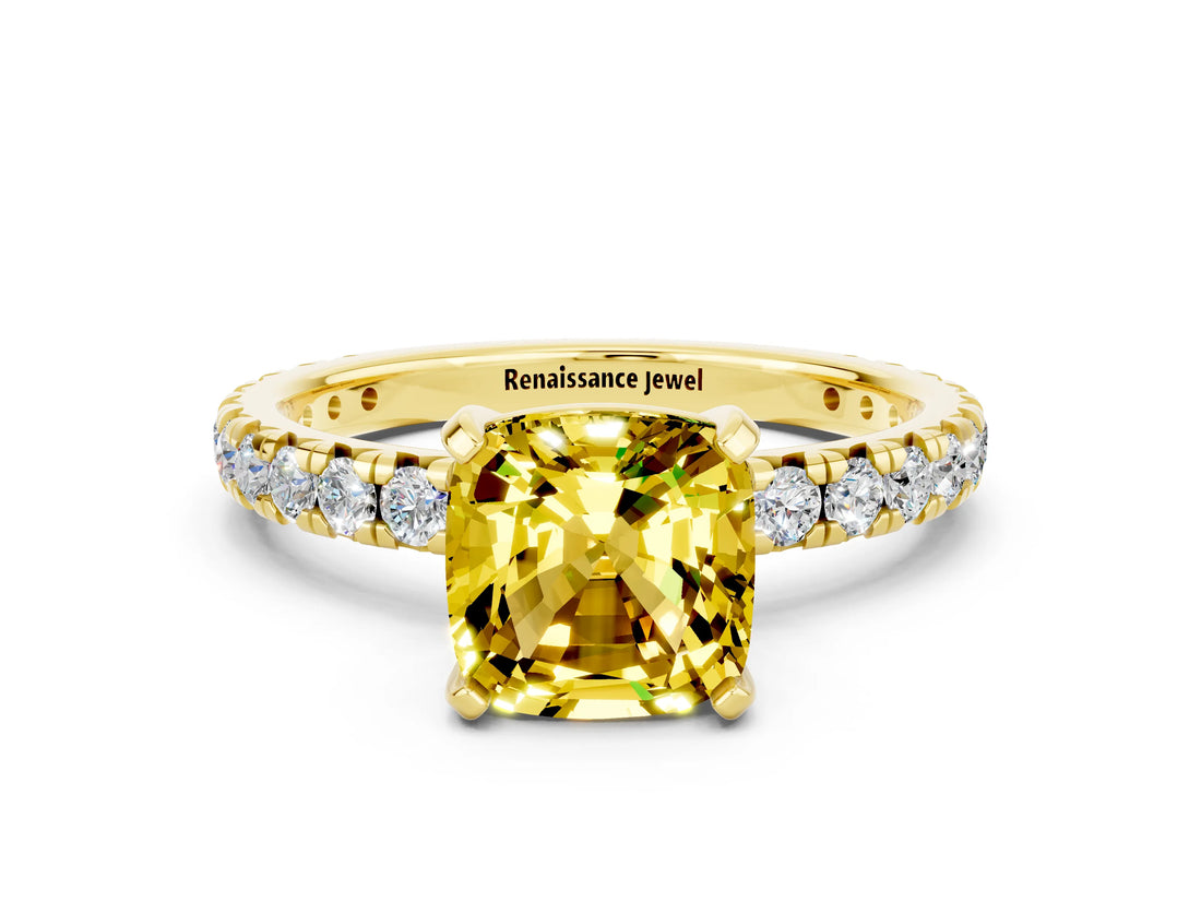 Yellow gold Cushion Cut Cut Diamond Pavé Band with Four-Prong Setting