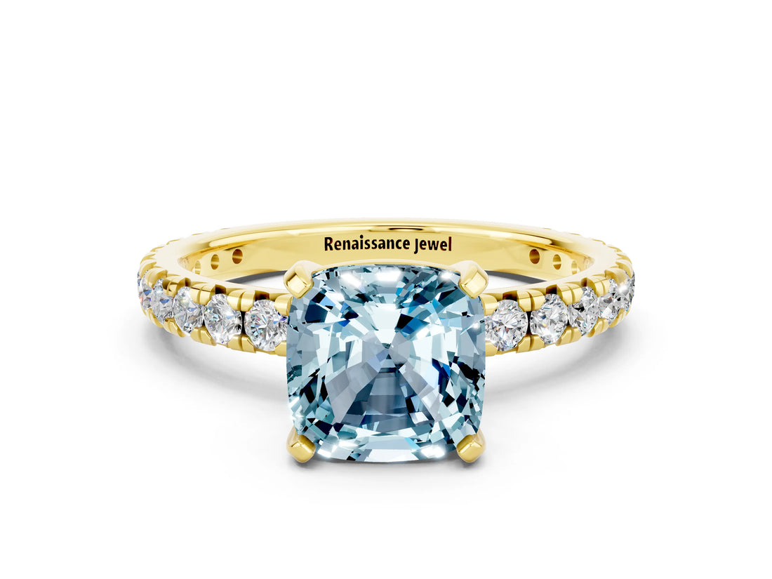 Yellow gold Cushion Cut Cut Diamond Pavé Band with Four-Prong Setting
