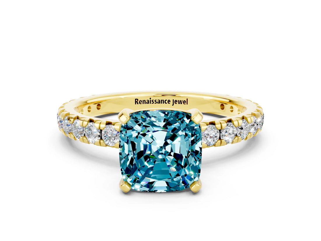 Yellow gold Cushion Cut Cut Diamond Pavé Band with Four-Prong Setting