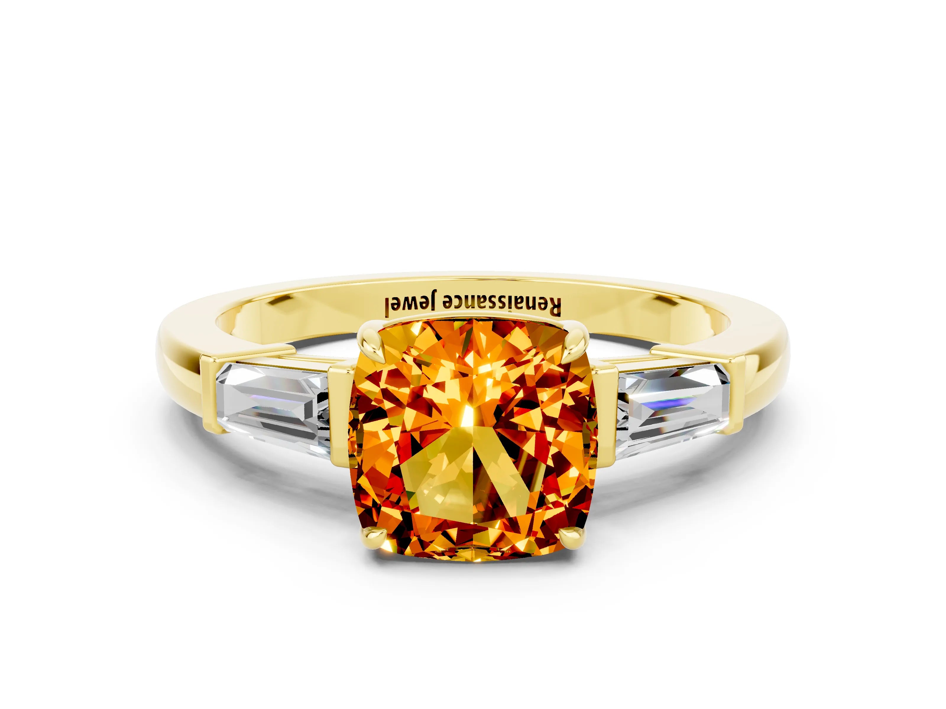 Yellow gold Cushion Cut Cut Diamond Ring with Tapered Baguette Side Stones in Four-Prong Setting