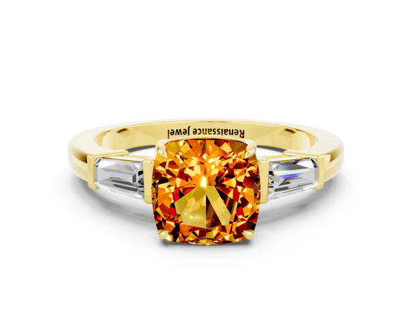 Yellow gold Cushion Cut Citrine Three-Stone Ring with Tapered Baguette Side Stones and Prong Setting