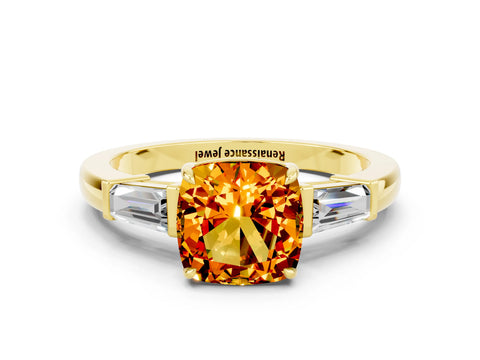 Yellow gold Cushion Cut Cut Diamond Ring with Tapered Baguette Side Stones in Four-Prong Setting