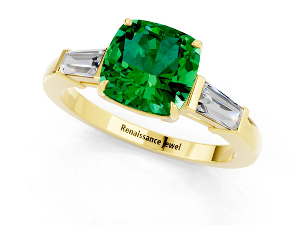 Yellow gold Cushion Cut Emerald Three-Stone Ring with Tapered Baguette Side Stones and Prong Setting