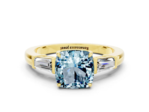 Yellow gold Cushion Cut Cut Diamond Ring with Tapered Baguette Side Stones in Four-Prong Setting