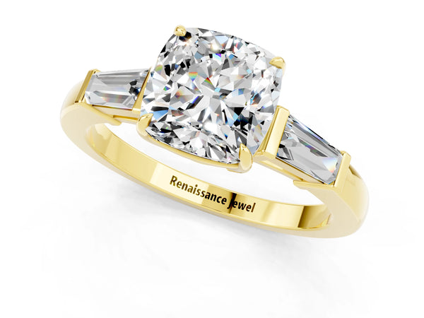 Yellow gold Cushion Cut Moissanite Three-Stone Ring with Tapered Baguette Side Stones and Prong Setting