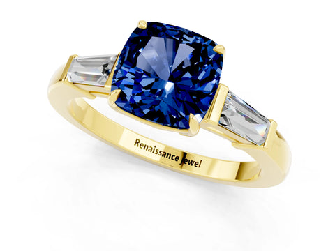 Yellow gold Cushion Cut Cut Diamond Ring with Tapered Baguette Side Stones in Four-Prong Setting_1
