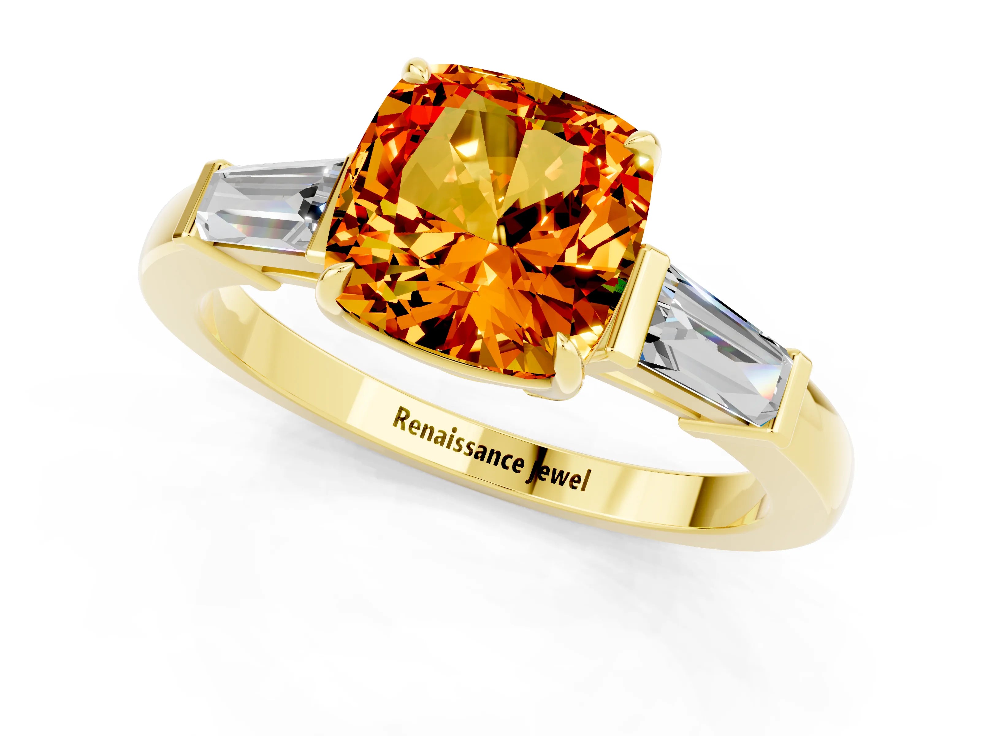 Yellow gold Cushion Cut Cut Diamond Ring with Tapered Baguette Side Stones in Four-Prong Setting_1