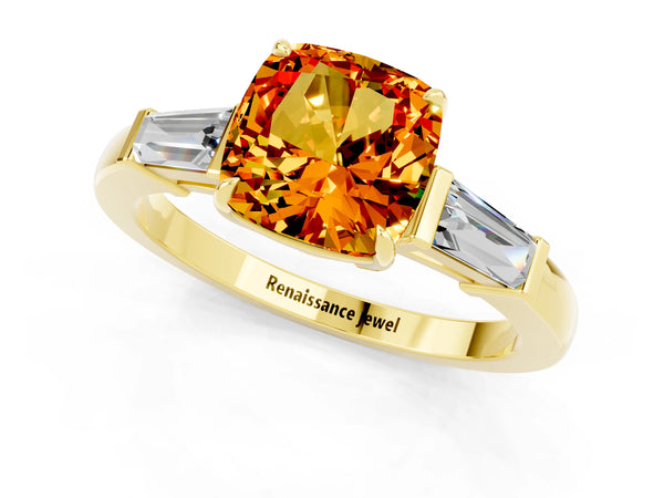 Yellow gold Cushion Cut Citrine Three-Stone Ring with Tapered Baguette Side Stones and Prong Setting