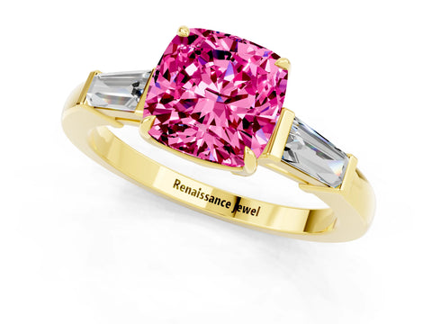 Yellow gold Cushion Cut Cut Diamond Ring with Tapered Baguette Side Stones in Four-Prong Setting_1