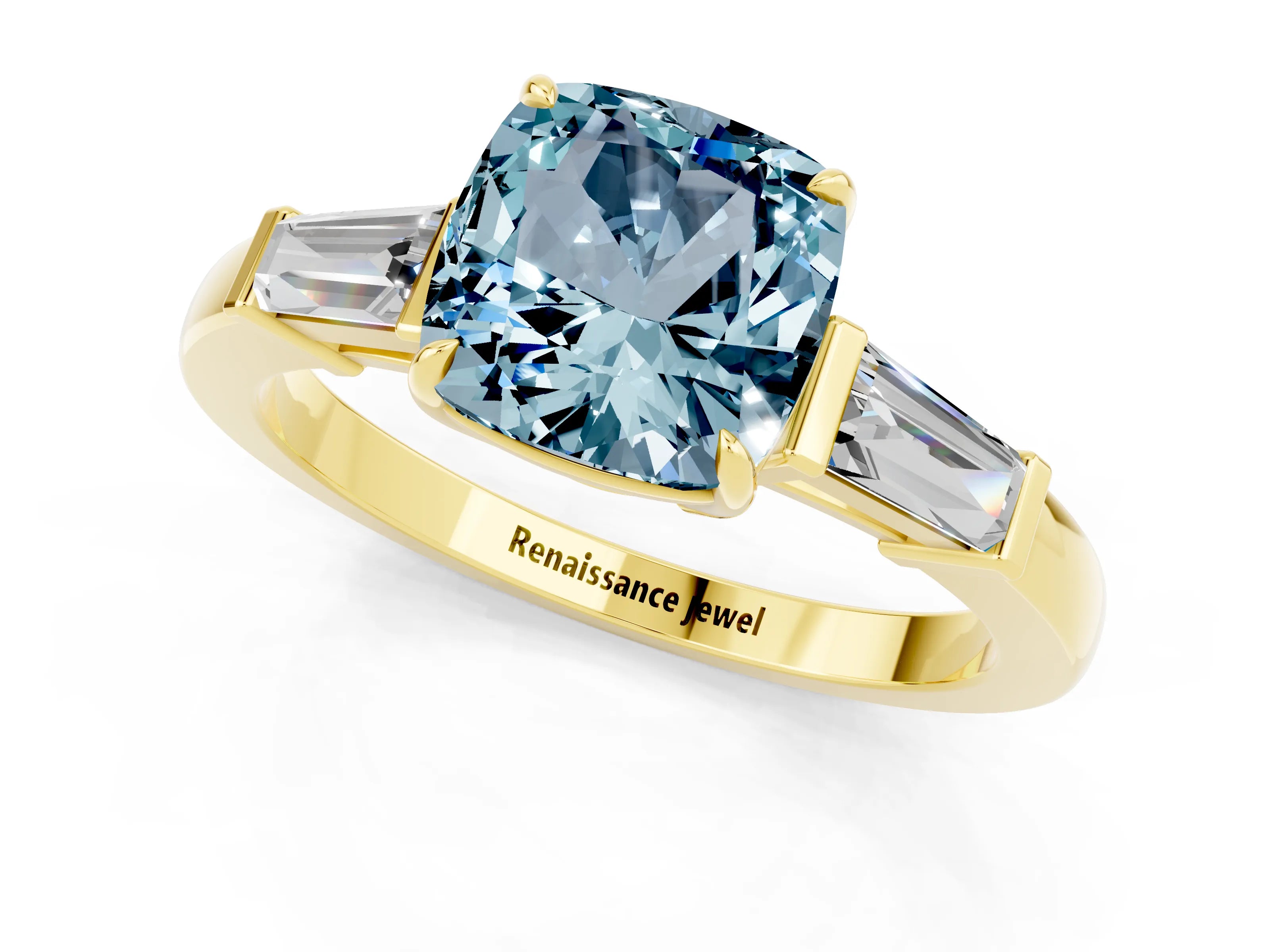 Yellow gold Cushion Cut Cut Diamond Ring with Tapered Baguette Side Stones in Four-Prong Setting_1