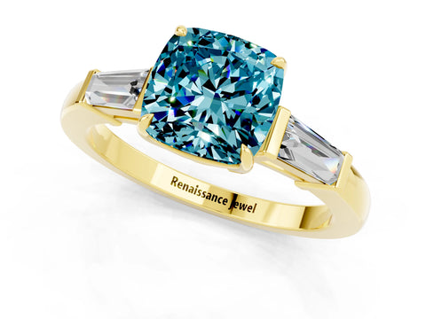 Yellow gold Cushion Cut Cut Diamond Ring with Tapered Baguette Side Stones in Four-Prong Setting_1