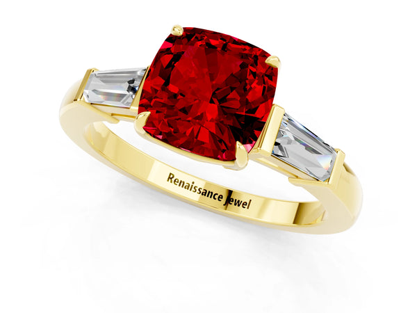 Yellow gold Cushion Cut Cut Diamond Ring with Tapered Baguette Side Stones in Four-Prong Setting