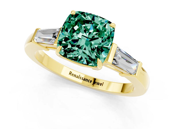 Yellow gold Cushion Cut Green Sapphire Three-Stone Ring with Tapered Baguette Side Stones and Prong Setting