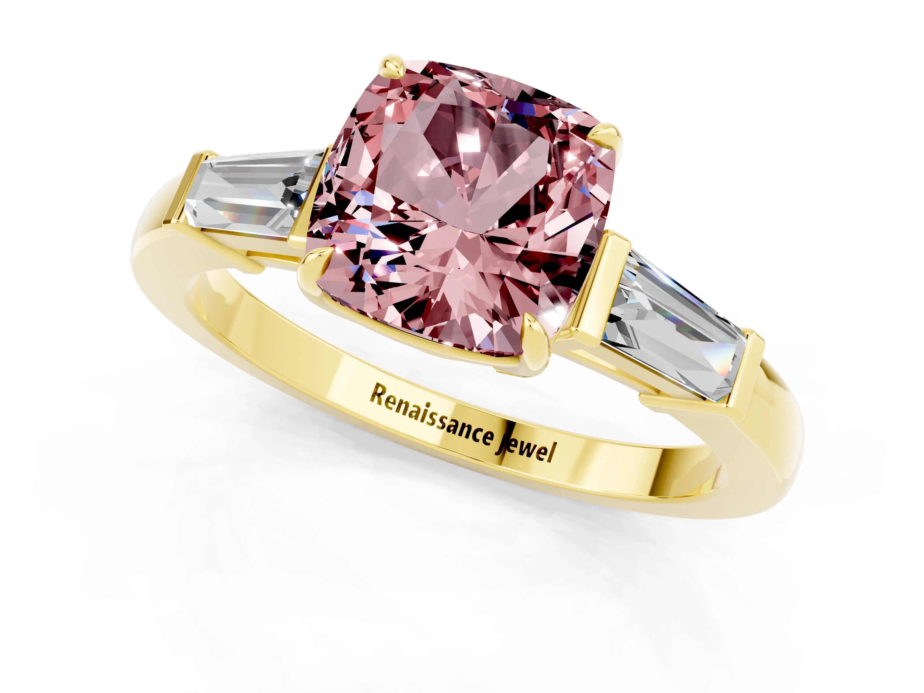 Yellow gold Cushion Cut Cut Diamond Ring with Tapered Baguette Side Stones in Four-Prong Setting_1