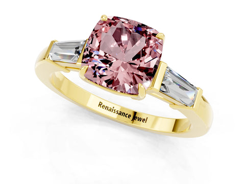 Yellow gold Cushion Cut Cut Diamond Ring with Tapered Baguette Side Stones in Four-Prong Setting_1