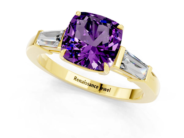Yellow gold Cushion Cut Amethyst Three-Stone Ring with Tapered Baguette Side Stones and Prong Setting