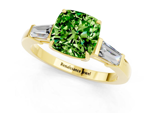 Yellow gold Cushion Cut Cut Diamond Ring with Tapered Baguette Side Stones in Four-Prong Setting