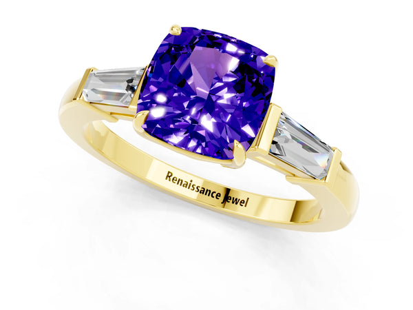Yellow gold Cushion Cut Tanzanite Three-Stone Ring with Tapered Baguette Side Stones and Prong Setting