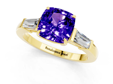Yellow gold Cushion Cut Cut Diamond Ring with Tapered Baguette Side Stones in Four-Prong Setting_1