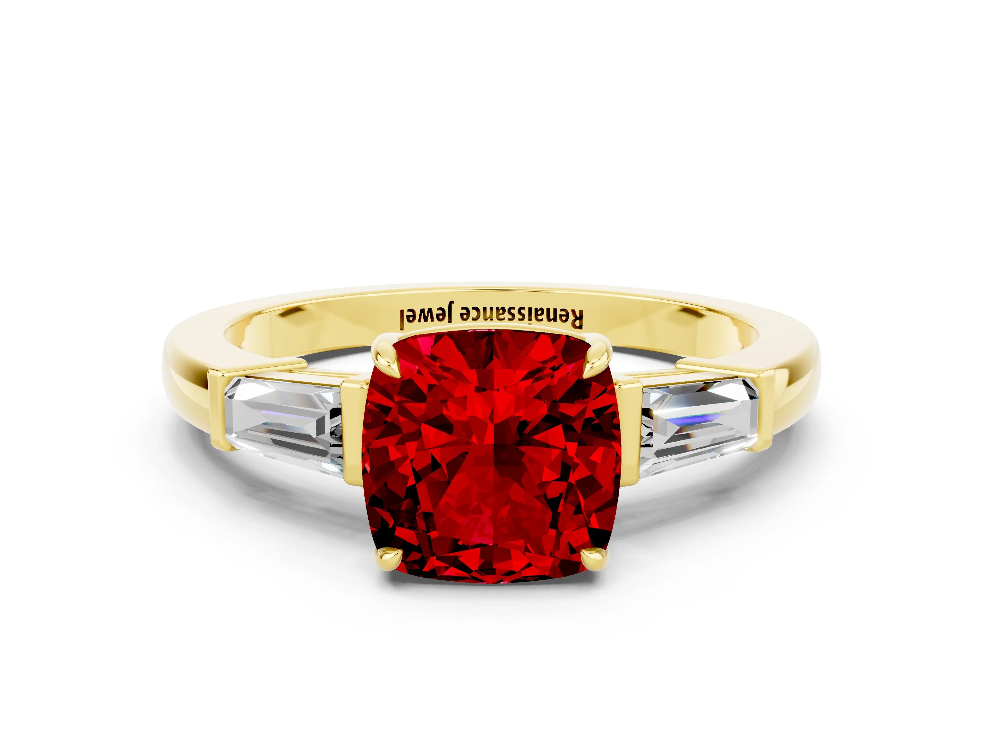 Yellow gold Cushion Cut Cut Diamond Ring with Tapered Baguette Side Stones in Four-Prong Setting