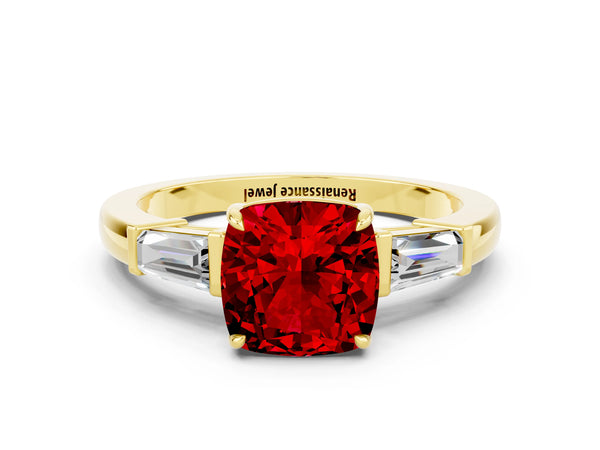 Yellow gold Cushion Cut Cut Diamond Ring with Tapered Baguette Side Stones in Four-Prong Setting