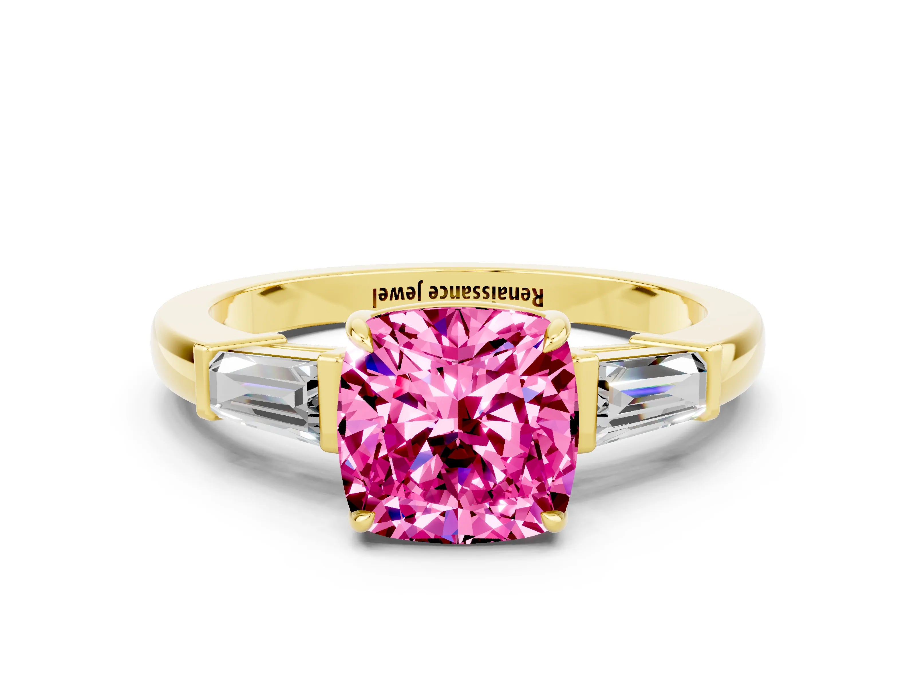 Yellow gold Cushion Cut Cut Diamond Ring with Tapered Baguette Side Stones in Four-Prong Setting