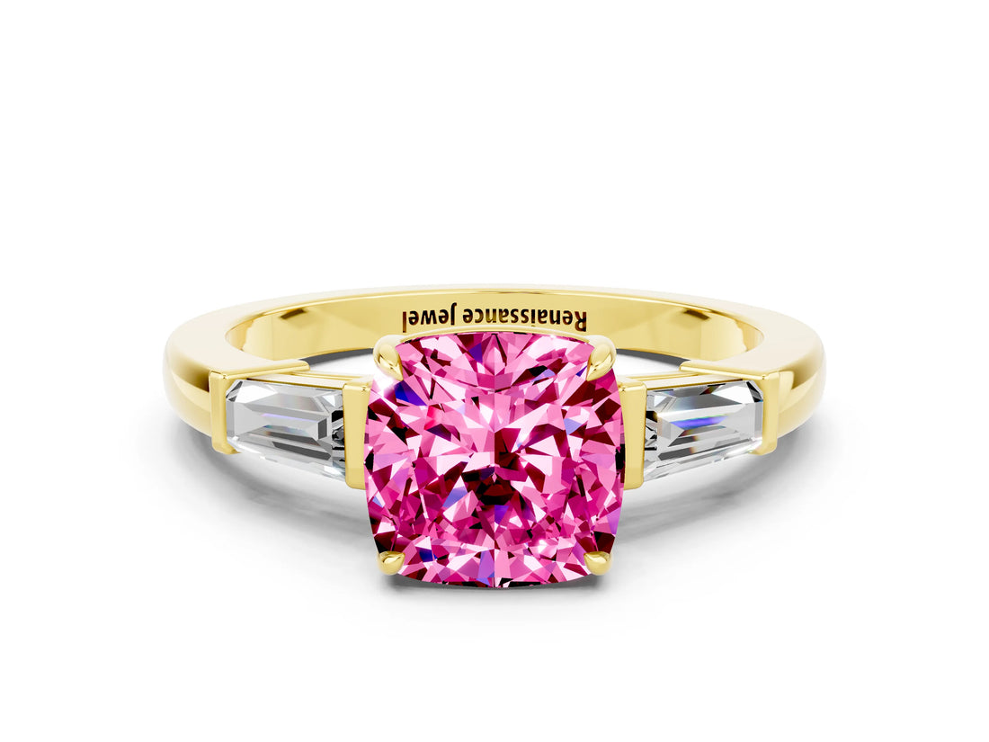 Yellow gold Cushion Cut Cut Diamond Ring with Tapered Baguette Side Stones in Four-Prong Setting
