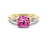 Yellow gold Cushion Cut Cut Diamond Ring with Tapered Baguette Side Stones in Four-Prong Setting