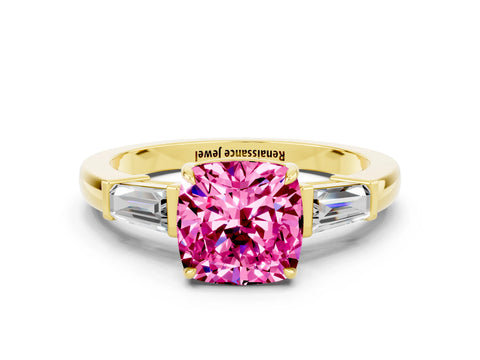Yellow gold Cushion Cut Cut Diamond Ring with Tapered Baguette Side Stones in Four-Prong Setting