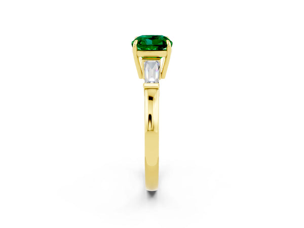 Yellow gold Cushion Cut Emerald Three-Stone Ring with Tapered Baguette Side Stones and Prong Setting