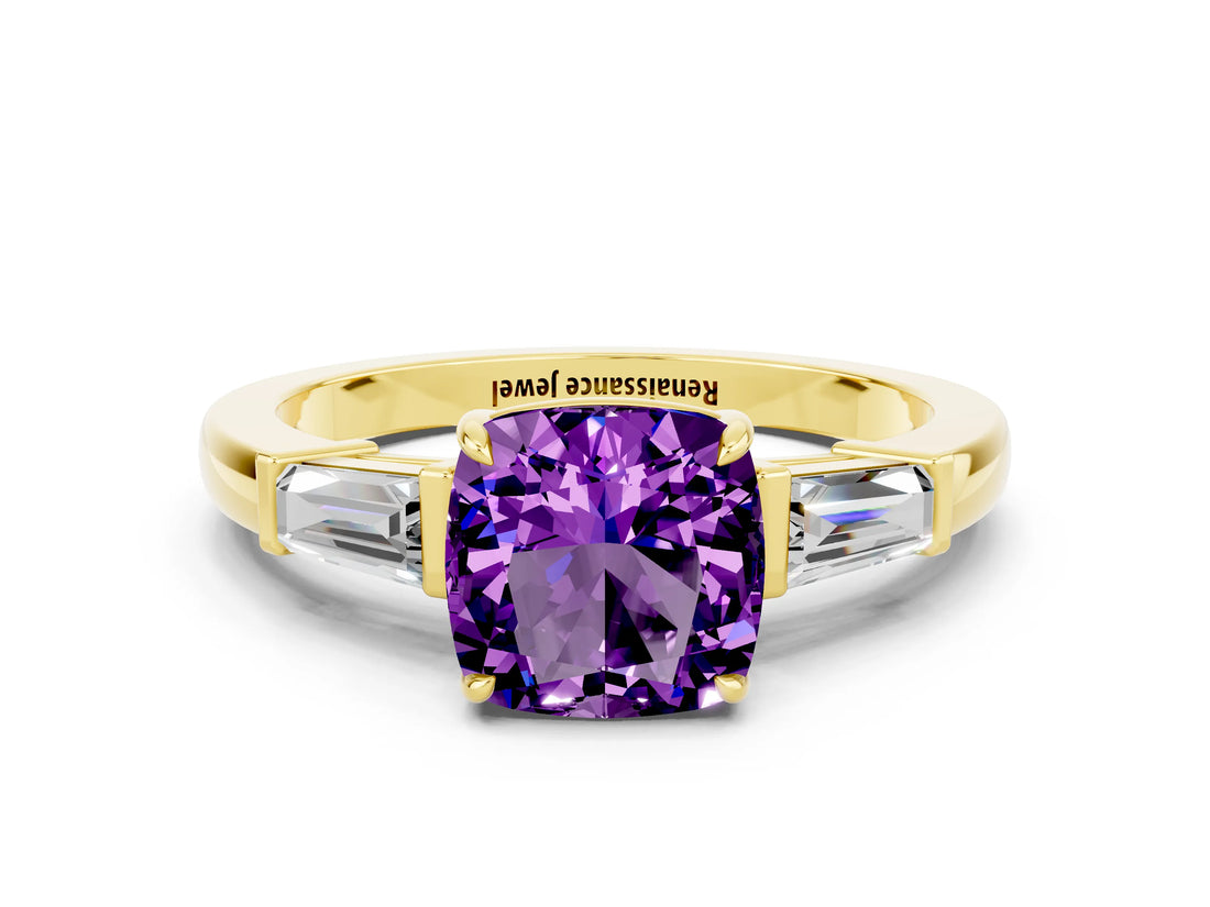 Yellow gold Cushion Cut Cut Diamond Ring with Tapered Baguette Side Stones in Four-Prong Setting
