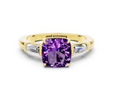 Yellow gold Cushion Cut Cut Diamond Ring with Tapered Baguette Side Stones in Four-Prong Setting
