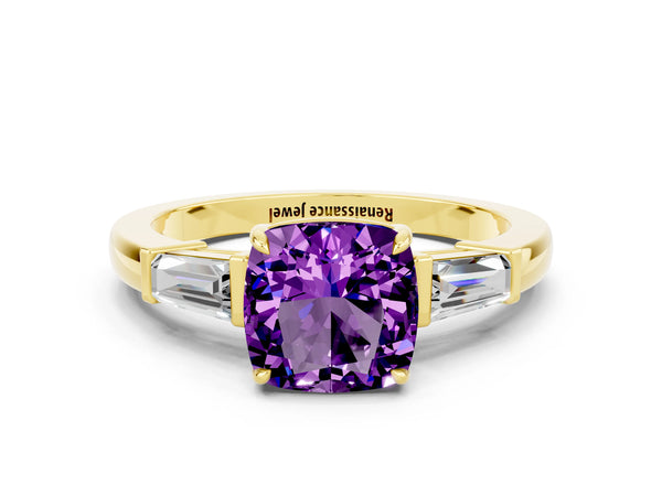 Yellow gold Cushion Cut Amethyst Three-Stone Ring with Tapered Baguette Side Stones and Prong Setting
