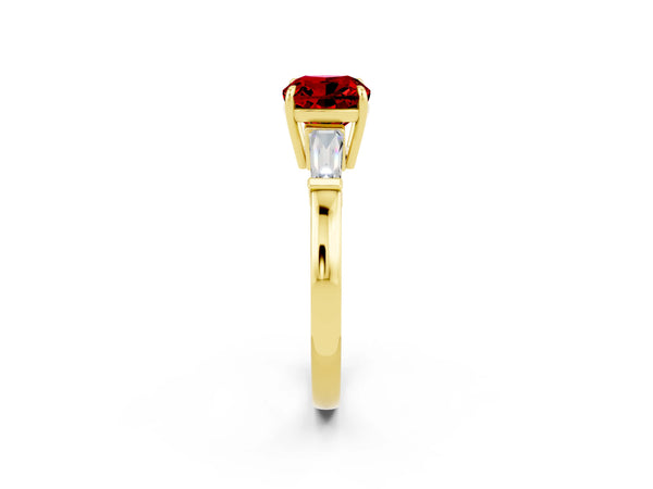 Yellow gold Cushion Cut Cut Diamond Ring with Tapered Baguette Side Stones in Four-Prong Setting