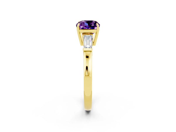 Yellow gold Cushion Cut Amethyst Three-Stone Ring with Tapered Baguette Side Stones and Prong Setting