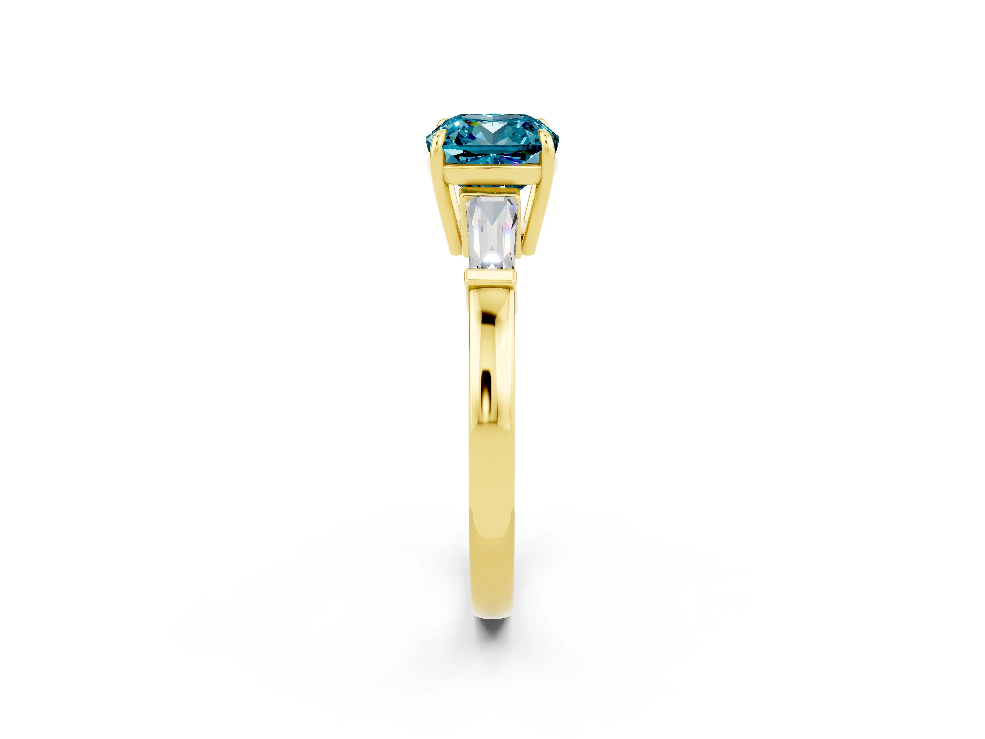 Yellow gold Cushion Cut Cut Diamond Ring with Tapered Baguette Side Stones in Four-Prong Setting_2