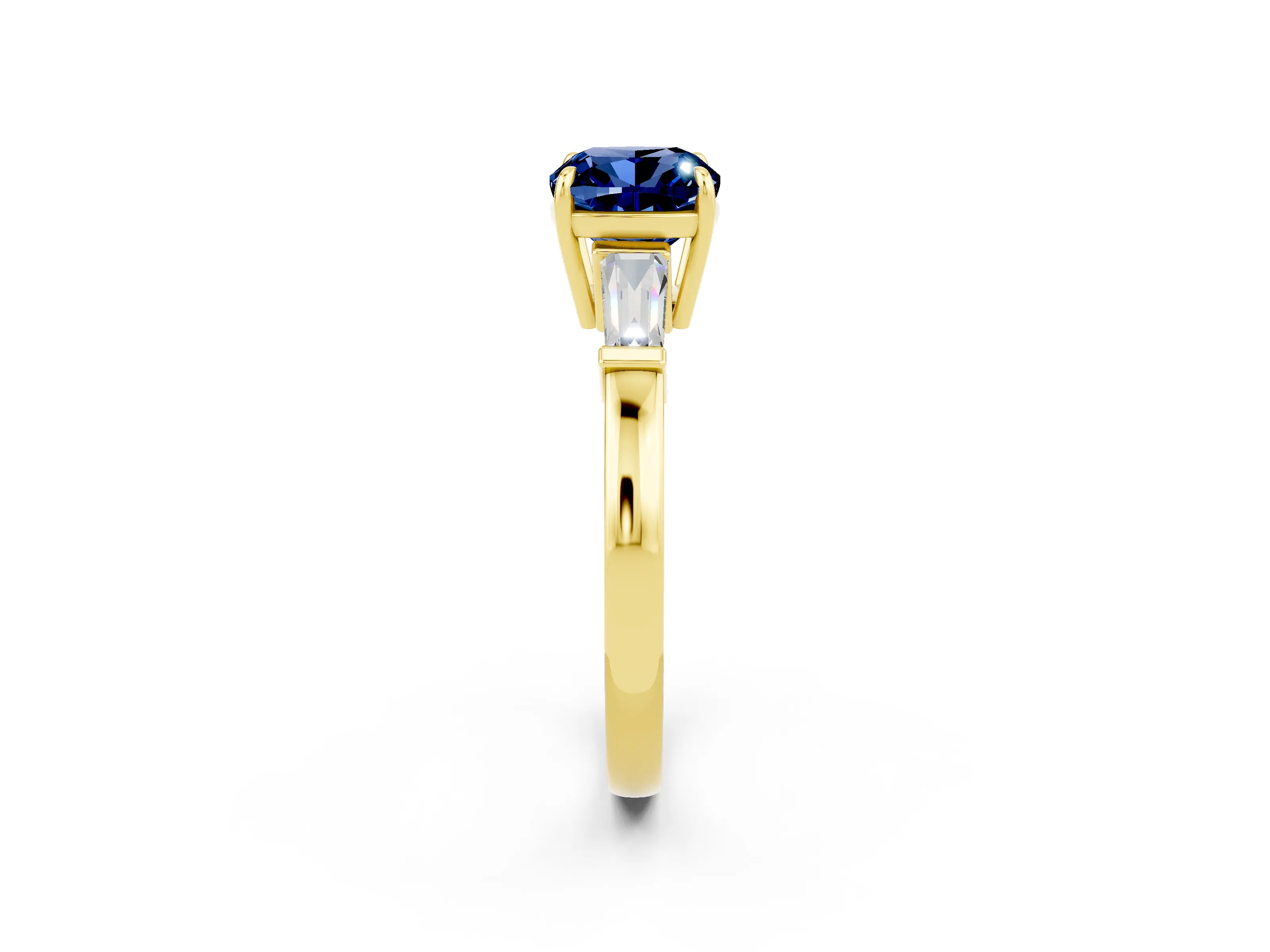 Yellow gold Cushion Cut Cut Diamond Ring with Tapered Baguette Side Stones in Four-Prong Setting_2