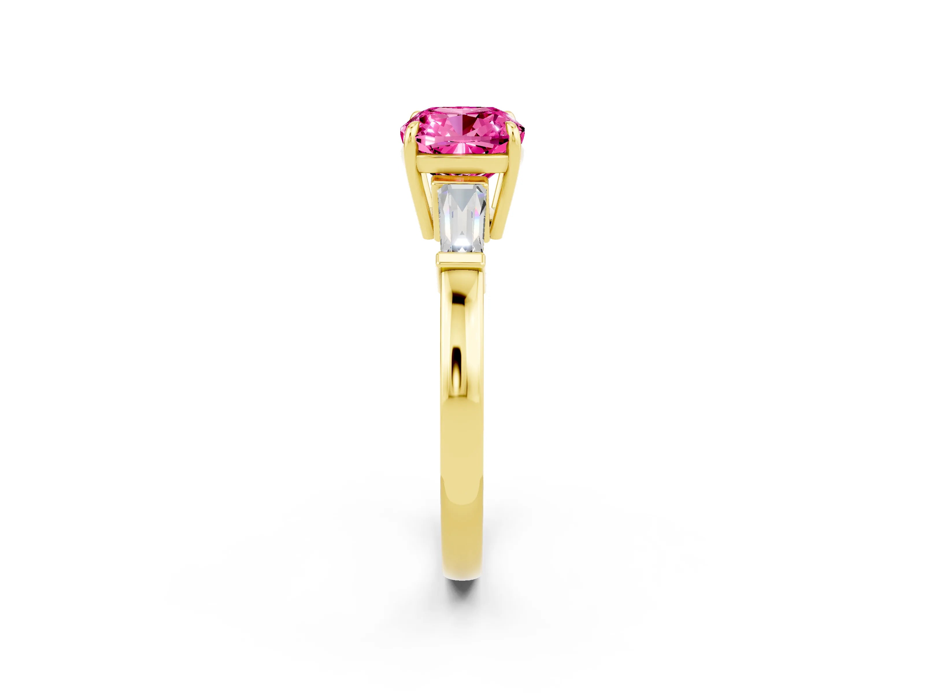 Yellow gold Cushion Cut Cut Diamond Ring with Tapered Baguette Side Stones in Four-Prong Setting_2