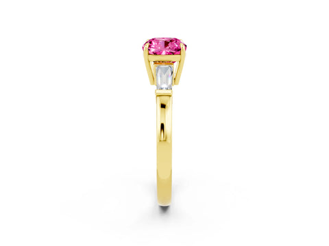 Yellow gold Cushion Cut Cut Diamond Ring with Tapered Baguette Side Stones in Four-Prong Setting_2