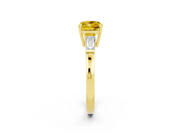 Yellow gold Cushion Cut Yellow Sapphire Three-Stone Ring with Tapered Baguette Side Stones and Prong Setting