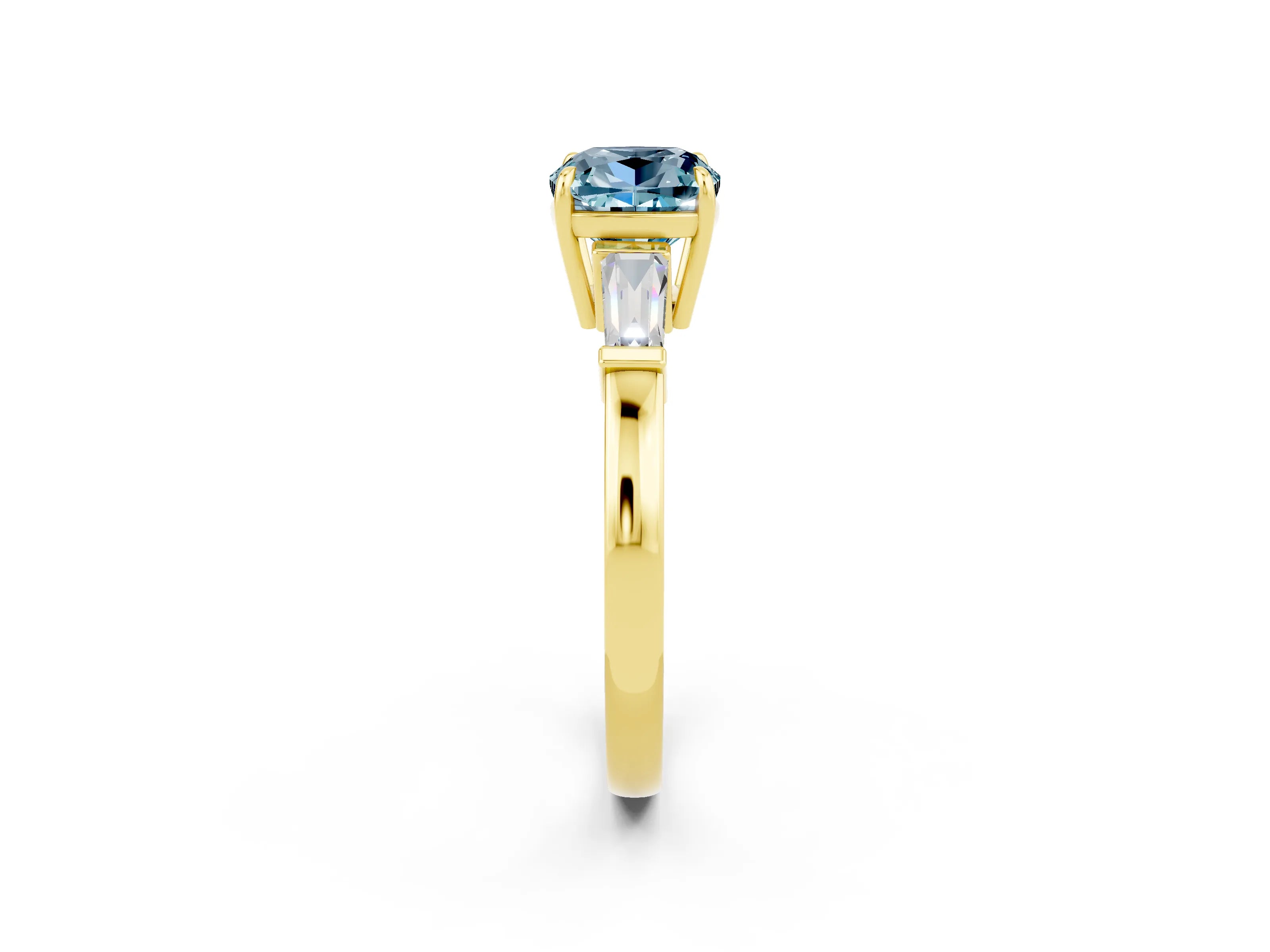Yellow gold Cushion Cut Cut Diamond Ring with Tapered Baguette Side Stones in Four-Prong Setting_2