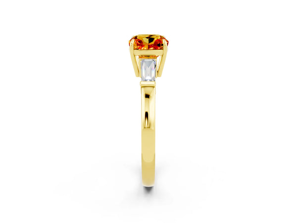 Yellow gold Cushion Cut Citrine Three-Stone Ring with Tapered Baguette Side Stones and Prong Setting