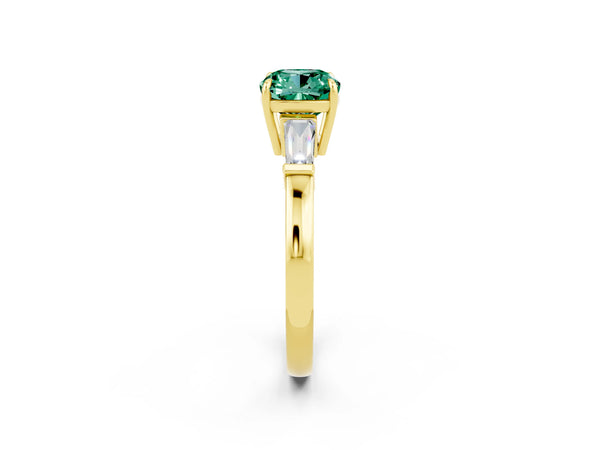 Yellow gold Cushion Cut Green Sapphire Three-Stone Ring with Tapered Baguette Side Stones and Prong Setting