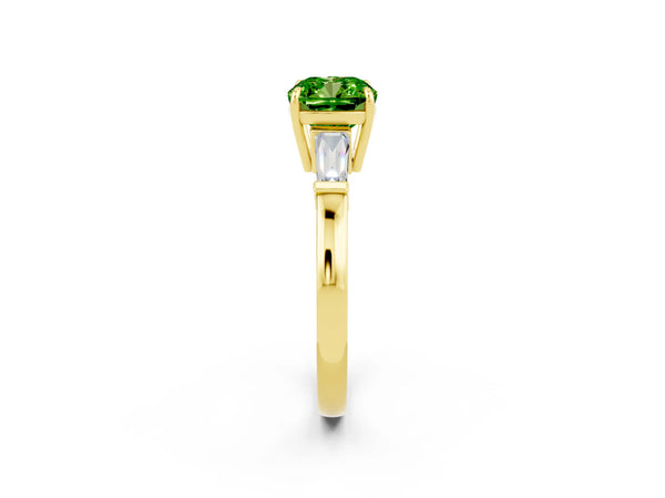 Yellow gold Cushion Cut Cut Diamond Ring with Tapered Baguette Side Stones in Four-Prong Setting