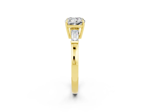 Yellow gold Cushion Cut Moissanite Three-Stone Ring with Tapered Baguette Side Stones and Prong Setting