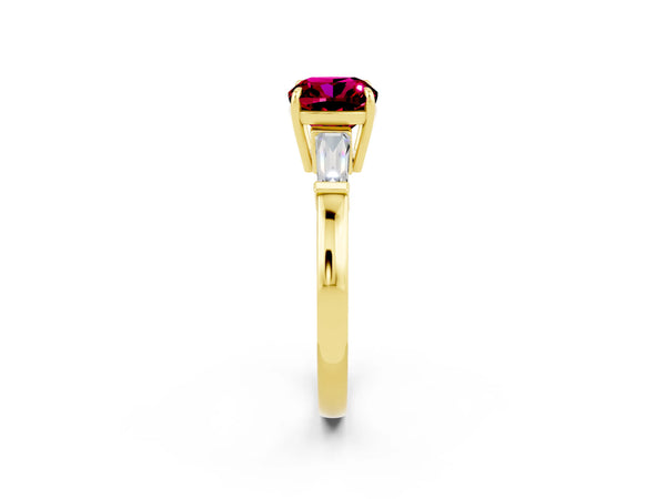 Yellow gold Cushion Cut Garnet Three-Stone Ring with Tapered Baguette Side Stones and Prong Setting