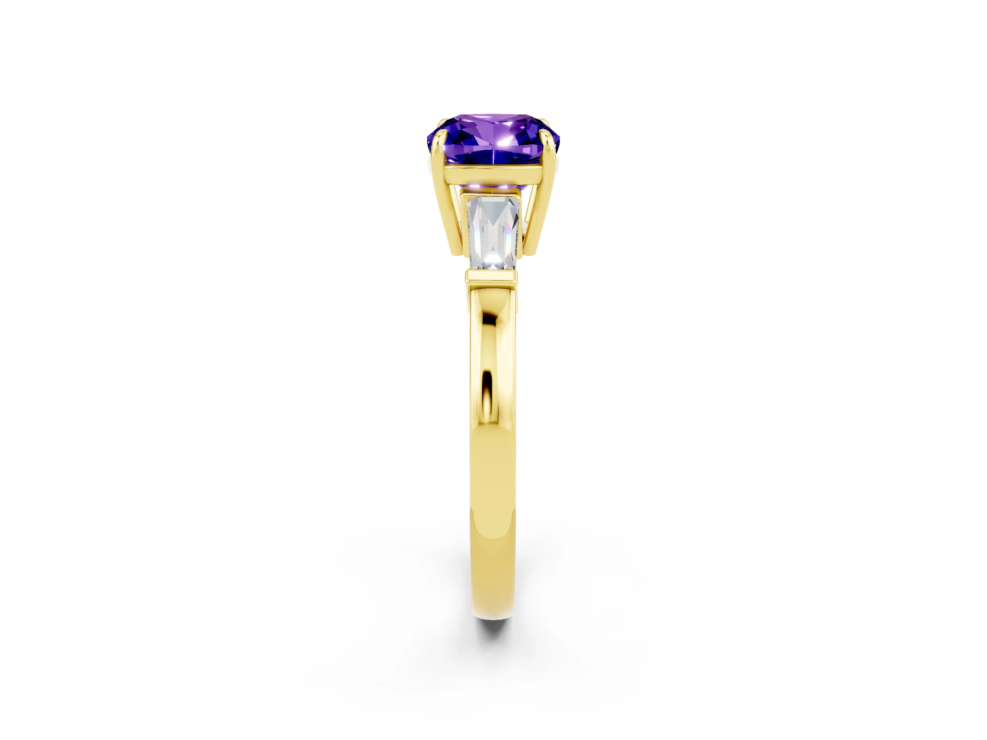 Yellow gold Cushion Cut Cut Diamond Ring with Tapered Baguette Side Stones in Four-Prong Setting_2